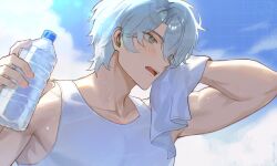 1boy blue_eyes bottle commentary english_commentary highres holding holding_bottle holding_towel honkai:_star_rail honkai_(series) looking_to_the_side male_focus open_mouth parted_bangs phainon_(honkai:_star_rail) shirt short_hair sleeveless sleeveless_shirt solo sweat tank_top toned toned_male towel white_hair white_tank_top yjh_ism