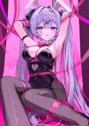1girl animal_ears armpits arms_behind_head black_leotard blue_eyes blue_hair bow bowtie breasts cleavage clothing_cutout collar covered_navel cutout_above_navel detached_collar fake_animal_ears feet_out_of_frame fishnet_pantyhose fishnets hair_ornament hashtag-only_commentary hatsune_miku heart_cutout highres leotard long_hair looking_at_viewer pantyhose pink_bow pink_bowtie pink_pupils pink_ribbon playboy_bunny pole rabbit_ears rabbit_hole_(vocaloid) ribbon s_im7u sitting solo stripper_pole teardrop_facial_mark twintails vocaloid white_collar x_hair_ornament