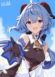 1girl ahoge bare_shoulders bell black_gloves blue_hair blush bow breasts cloud detached_sleeves ganyu_(genshin_impact) genshin_impact gloves highres horns long_hair looking_at_viewer low_ponytail medium_breasts neck_bell open_mouth ponytail purple_eyes sidelocks signature sky smile solo ton_ton_tontoro white_sleeves