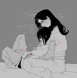 2girls between_legs blush breasts clothes_pull commentary_request fingering flffy11 greyscale highres korean_commentary korean_text long_hair long_sleeves lying_on_lap monochrome multiple_girls nipples on_bed original panties pants pants_pull panty_pull parted_lips reach-around shirt small_breasts smile speech_bubble sweat translation_request underwear yuri