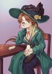 1girl :o absurdres bird bird_on_hand black_skirt brown_hair cynthia_(uuzz5324) elbows_on_table eyewear_strap feet_out_of_frame flower glasses gloves green_eyes green_hat green_jacket hand_on_own_chest hat hat_flower highres jacket kakania_(reverse:1999) low_ponytail neck_ribbon on_chair picture_hat ponytail purple_background red_ribbon reverse:1999 ribbon round_eyewear shirt single_glove sitting skirt solo table unworn_gloves white_gloves white_shirt yellow_flower