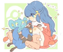 1girl blue_eyes blue_hair boots closed_mouth coat dark_blue_hair dawn_(pokemon) eyes_visible_through_hair gen_4_pokemon half_updo holding_hands katiko kneehighs long_sleeves nintendo no_headwear pink_boots poke_ball poke_ball_(basic) pokemon pokemon_(creature) pokemon_dppt pokemon_platinum red_coat riolu scarf shinx sitting smile socks sparkle white_scarf white_socks