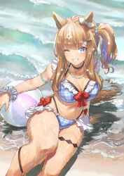 Rule 34 | 1girl, almond eye (umamusume), alternate costume, animal ears, arm support, ball, beachball, beruu, bikini, black choker, blue bikini, blue eyes, blue hair, blush, bow, breasts, brown hair, choker, cleavage, collarbone, colored inner hair, commentary request, ear bow, ear ornament, frilled bikini, frills, grin, hair ornament, hair scrunchie, hairclip, highres, horse ears, horse girl, horse tail, jewelry, large breasts, long hair, looking at viewer, multicolored hair, navel, necklace, ocean, on ground, one eye closed, plaid bikini, plaid clothes, red bow, scrunchie, side ponytail, sitting, smile, solo, star (symbol), star hair ornament, star necklace, stomach, swimsuit, tail, thighs, too many hair ornaments, umamusume, wet, wet bikini, white bow, wrist scrunchie