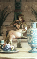 1girl 3d armor bench blue_eyes breasts brown_hair chalice crossed_legs cup female_focus greaves highres kingdom_under_fire large_breasts long_hair midriff original plate primrose_egypt ryanreos sitting solo statue vase