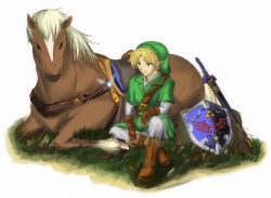 1boy bad_id bad_pixiv_id blonde_hair blue_eyes boots epona gloves hat horse hylian_shield link male_focus miraioranji navi nintendo pointy_ears shield sitting smile solo sword the_legend_of_zelda the_legend_of_zelda:_ocarina_of_time weapon