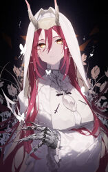 Rule 34 | 1girl, absurdres, arknights, ascalon (arknights), ascalon (phototaxis) (arknights), beudelb, black background, brown eyes, bug, butterfly, cape, closed mouth, commentary request, cross, cross earrings, dress, earrings, flower, frilled sleeves, frills, gauntlets, gradient eyes, hair between eyes, highres, hood, hooded cape, horns, insect, jewelry, long hair, long sleeves, multicolored eyes, official alternate costume, pink hair, solo, upper body, white dress, wide sleeves, yellow eyes, yellow horns