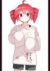1girl ahoge alternate_costume black_shorts blush closed_mouth clothes_writing commentary_request cowboy_shot drill_hair food_print hair_between_eyes highres kasane_teto letterboxed print_shirt red_eyes red_hair seal_impression shira_461 shirt shorts simple_background sleeves_past_fingers sleeves_past_wrists solo t-shirt translated twin_drills utau very_long_sleeves white_background white_shirt