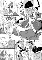 3boys 3girls apple_magician_girl artist_name crossed_arms dark_magician duel_monster fake_horns greyscale hair_over_one_eye hat helmet highres horned_helmet horns lemon_magician_girl long_hair mi_manu1950 monochrome multiple_boys multiple_girls muto_yugi silent_magician silent_swordsman speech_bubble translation_request wizard_hat yu-gi-oh!