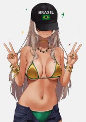 1girl alternate_costume baseball_cap bead_necklace beads bikini bracelet brazilian_flag brazilian_flag_print brazilian_miku brazilian_miku_(cosplay) breasts brown_hair commentary cosplay covered_eyes denim denim_shorts double_v english_commentary flag_print gold_bikini green_nails green_panties hair_intakes hat hatsune_miku highres hololive hololive_english jewelry long_hair nail_polish nanashi_mumei navel necklace panties short_shorts shorts simple_background smile solo stomach swimsuit tan tanline underwear unmeidesu v virtual_youtuber vocaloid white_background yellow_nails