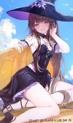 1girl absurdres adapted_costume alternate_costume ascot bare_shoulders black_leotard black_skirt blue_sky breasts brown_hair commentary covered_navel day flower hand_up hat hat_flower herta_(honkai:_star_rail) highres holding holding_swim_ring honkai:_star_rail honkai_(series) imasaki_kei innertube leotard long_hair looking_at_viewer outdoors parted_lips purple_eyes purple_flower sandals sitting skirt sky small_breasts smile solo strapless strapless_leotard swim_ring the_herta_(honkai:_star_rail) thighs toes very_long_hair white_ascot witch_hat yokozuwari
