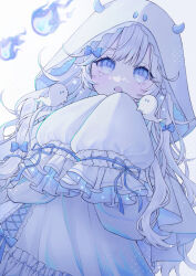 1girl blue_bow blue_eyes blue_fire blue_theme blunt_bangs blush bow dress fire frills ghost gradient_eyes hair_bow highres horns long_hair long_sleeves looking_at_viewer multicolored_eyes open_mouth original puffy_sleeves shiolatte sleeves_past_wrists solo tears very_long_hair white_theme