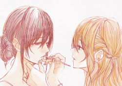 Rule 34 | 2girls, aihara mei, aihara yuzu, applying makeup, bad id, bad pixiv id, black hair, blonde hair, blush, breasts, citrus (saburouta), cosmetics, ear blush, earrings, glidesloe, green eyes, highres, holding, holding brush, holding makeup brush, jewelry, long hair, makeup brush, multiple girls, open mouth, purple eyes, siblings, simple background, sisters, step-siblings, wife and wife, yuri