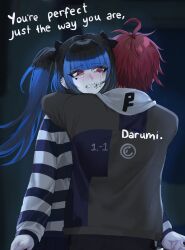1boy 1girl ahoge amemiya_darumi black_bow black_hair black_nails blue_hair blush bow crying crying_with_eyes_open ear_piercing earrings fingernails heart highres hood hoodie hug jewelry long_hair long_sleeves makeup messy_hair multicolored_hair nail_polish open_mouth piercing pink_eyes red_hair runny_makeup shirt simple_background striped_clothes striped_shirt sumino_takumi tears teeth the_hundred_line_-last_defense_academy- twintails