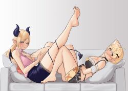 2girls absurdres ahoge aiharararara bare_legs bare_shoulders barefoot black_shorts black_skirt black_tail black_thighhighs black_tube_top blonde_hair blue_eyes breasts cleavage commentary couch demon_girl demon_horns demon_tail demon_wings english_commentary feet feet_up frilled_shirt frills gradient_hair highres hololive horns large_breasts legs long_hair mouth_hold multicolored_hair multiple_girls on_couch pink_hair pink_shirt pointy_ears shirt short_hair shorts skirt strapless tail thighhighs toenails toes tube_top virtual_youtuber wings yozora_mel yuzuki_choco yuzuki_choco_(1st_costume)