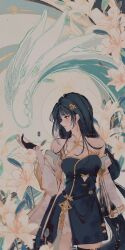 baizhi_(wuthering_waves) bare_shoulders black_gloves black_hair blush chinese_clothes cleavage_cutout clothing_cutout earrings fingerless_gloves flower from_side gloves hair_ornament highres jewelry long_hair low-tied_long_hair thighs white_string wuthering_waves xuehina