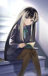 Rule 34 | 1girl, alternate costume, black hair, black pantyhose, blue eyes, blue jacket, blue skirt, book, green ribbon, highres, holding, holding book, hololive, hololive dev is, indoors, jacket, juufuutei raden, long hair, multicolored hair, neck ribbon, open book, pantyhose, pleated skirt, ribbon, school uniform, sitting, skirt, solo, stairs, streaked hair, two-tone hair, virtual youtuber, white hair, yoshidadon