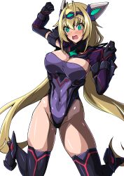 1girl absurdres antenna_hair aoi_tabane blonde_hair blush breasts cleavage cosplay covered_navel elbow_gloves exs-slave exs-tia_spica gloves green_eyes headgear highres katsuragi_shiori kneeling kouyoku_senki_exs-tia large_breasts leotard long_hair low_twintails open_mouth shiny_skin simple_background skindentation solo thighhighs twintails very_long_hair white_background