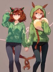 2girls animal_ears black_pants blush bow braid brown_background brown_eyes brown_hair closed_mouth commentary_request ear_covers ear_ribbon ears_through_headwear eighth_note feet_out_of_frame glasses green_hoodie hand_up heart heart-shaped_pillow heart_of_string highres holding holding_hands holding_pillow hood hood_down hood_up hoodie horse_ears horse_girl horse_tail interlocked_fingers intertwined_tails long_hair medium_hair multiple_girls musical_note osamu_(uko_oku) pants pillow round_eyewear simple_background single_braid standing tail thigh_gap twintails umamusume yuri
