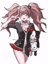 1girl ;d bear_hair_ornament black_shirt blonde_hair blue_eyes bow breasts choker cleavage collarbone commentary cowboy_shot danganronpa:_trigger_happy_havoc danganronpa_(series) enoshima_junko fuku_sa hair_ornament highres large_breasts long_hair looking_at_viewer monokuma nail_polish necktie one_eye_closed open_mouth red_bow red_nails shirt simple_background skirt smile solo symbol-only_commentary teeth twintails v