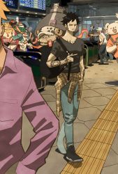 airport arm_tattoo backpack bag bartholomew_kuma bear bepo_(one_piece) black_hair black_shirt blonde_hair clothes_around_waist denim fleeing frown hand_tattoo hand_up hat highres indoors inuarashi_(one_piece) jeans long_sleeves male_focus marco_(one_piece) nekomamushi nojiko_(one_piece) one_piece orange_shirt out_of_frame pants penguin_(one_piece) pointing polar_bear portgas_d._ace purple_shirt shirt shirt_around_waist short_hair short_sleeves smile solo_focus stuffed_animal stuffed_toy takeuchi_ryousuke tattoo tony_tony_chopper trafalgar_law walking