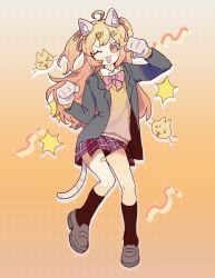 1girl :3 ahoge animal_ears animal_hands bandaid_on_thigh black_jacket black_socks blonde_hair brown_shoes cat_ears cat_tail gloves hair_ornament hair_ribbon hairclip highres indie_utaite jacket kedoukezi143447 loafers long_hair long_sleeves looking_at_viewer neck_ribbon one_eye_closed open_mouth paw_gloves paw_pose pleated_skirt pmaru-sama ribbon shirt shoes skirt socks solo sweater tail two_side_up white_shirt yellow_sweater