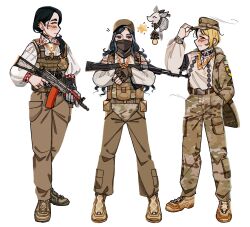 3girls 3rd_assault_brigade ak-74m aks-74u ammunition_pouch animal artist_name assault_rifle azov_battalion baseball_cap belt black_hair black_nails blonde_hair blue_hair blush boots breasts brown_belt brown_boots brown_eyes bulletproof_vest camouflage camouflage_jacket camouflage_pants cargo_pants closed_mouth covered_mouth ear_piercing eyebrow_cut fingerless_gloves from_side full_body gloves gun hand_in_pocket hanna_kovalchuk hat highres holding holding_gun holding_weapon jacket jewelry kalashnikov_rifle kraken_(japanon) kraken_regiment leather_belt linyvets_chan long_hair long_sleeves looking_at_viewer marichka mask mechanical_arms military military_combat_uniform military_uniform morale_patch multiple_girls necklace original pants peaked_cap piercing pouch prosthesis prosthetic_arm rifle ring russo-ukrainian_war schweinokaras shirt short_hair simple_background single_mechanical_arm smile solo spoken_star star_(symbol) trigger_discipline tryzub ukraine ukrainian_clothes ukrainian_commentary ukrainian_flag ukrainian_ground_forces vyshyvanka weapon wedding_ring white_background white_shirt woodland_camouflage yellow_eyes