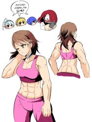 1boy 4girls abs aigis_(persona) annoyed blonde_hair blue_hair blush brown_hair choker earrings female_pervert gym_shorts hair_over_one_eye jewelry kirijou_mitsuru labrys_(persona) multiple_girls muscular muscular_back muscular_female persona persona_3 persona_4:_the_ultimate_in_mayonaka_arena pervert red_hair robot_girl shorts sports_bra takeba_yukari yukiart_83 yuri yuuki_makoto_(persona_3)
