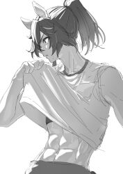 Rule 34 | 1girl, abs, absurdres, clothes lift, commentary request, greyscale, highres, katsuragi ace (umamusume), long hair, monochrome, muscular, muscular female, navel, parted lips, ponytail, senchan 7, shirt lift, short sleeves, solo, sweat, umamusume