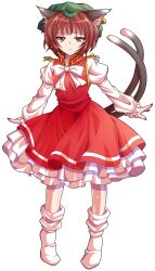 1girl alphes_(style) animal_ears bow bowtie brown_eyes brown_hair cat_ears cat_girl cat_tail chen closed_mouth commentary_request dairi dress earrings fang frilled_dress frilled_sleeves frills full_body gold_trim green_hat half-closed_eyes hat jewelry juliet_sleeves large_variant_set light_frown long_sleeves looking_at_viewer mob_cap multiple_tails nekomata parody puffy_sleeves red_dress red_nails ribbon short_hair single_earring socks solo standing straight-on style_parody tachi-e tail tearing_up touhou transparent_background two_tails variant_set vest white_bow white_bowtie white_socks
