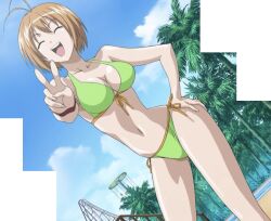1girl absurdres amusement_park antenna_hair bikini breasts cleavage closed_eyes cloud day front-tie_top green_bikini hand_on_own_hip happy highres kampfer kondou_mikoto large_breasts legs navel open_mouth short_hair side-tie_bikini_bottom sky smile solo stitched swimsuit thighs third-party_edit tree v