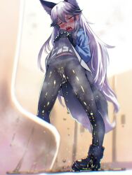 1girl animal_ear_fluff animal_ears black_gloves black_pantyhose black_shoes blue_shirt blurry blurry_background blush bow bow_panties character_request clothes_lift crying crying_with_eyes_open female_focus from_below gloves grey_skirt half-closed_eyes highres indoors kemono_friends lifting_own_clothes long_hair long_sleeves navel open_mouth panties pantyhose pee pee_stain peeing peeing_self pleated_skirt public_restroom shirt shoes sidelocks skirt skirt_lift solo soon_(c-u-soon) standing tail tears teeth thighs tongue underwear upper_teeth_only urinal variant_set very_long_hair water_drop white_hair white_panties wolf_ears wolf_girl wolf_tail yellow_eyes