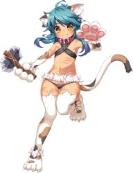 1girl animal_ear_fluff animal_ears animal_hands arm_up axe bikini bikini_top_only black_panties blue_hair brown_eyes cat cat_ears cat_girl cat_tail collar elbow_gloves facial_mark flat_chest full_body gloves gluteal_fold koihime_musou kuwada_yuuki leg_up loli lowleg lowleg_panties mike_(koihime_musou) navel official_art panties paw_gloves paw_shoes scar short_hair smile standing standing_on_one_leg suzukuri_karin-chan swimsuit tail thighhighs underwear weapon white_thighhighs