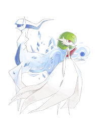 arceus bob_cut creatures_(company) dress elbow_gloves from_side game_freak gardevoir gen_3_pokemon gen_4_pokemon gloves green_hair highres legendary_pokemon mega_gardevoir mega_pokemon mythical_pokemon nintendo no_feet pokemon pokemon_(creature) rahner simple_background strapless strapless_dress white_background white_dress white_gloves