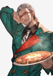 1boy absurdres arm_behind_head arurandeisu egg_(food) facial_hair food fried_egg glasses green_eyes green_jacket grey_hair highres holding holding_food holding_pizza holding_plate holostars jacket lack male_focus manly necktie one_eye_closed open_mouth pizza plate short_hair simple_background smile solo standing upper_body virtual_youtuber