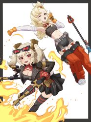 2girls black_jacket black_pantyhose black_skirt black_tube_top blonde_hair breasts burnice_white cleavage crop_top detached_sleeves eyewear_on_head flamethrower gloves goggles goggles_around_neck highres holding holding_flamethrower holding_weapon jacket large_breasts looking_at_viewer midriff multiple_girls navel open_mouth pantyhose piper_wheel red-tinted_eyewear red_eyes skirt smile spiked_belt spiked_jacket strapless sugunejineji tinted_eyewear tube_top twintails weapon yawning yellow_gloves zenless_zone_zero