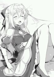 1girl blush kono_subarashii_sekai_ni_shukufuku_wo! leonor_(konosuba) long_hair monochrome novel_illustration official_art sleeping