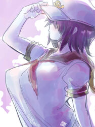 Rule 34 | 1girl, adjusting clothes, adjusting headwear, anchor symbol, black hair, blush, breasts, closed mouth, colored skin, commentary request, cookie (touhou), dated, expressionless, hair over eyes, hat, highres, itini-sanshi, large breasts, looking afar, milk (cookie), murasa minamitsu, neckerchief, purple background, red neckerchief, shirt, short hair, short sleeves, solo, touhou, upper body, white hat, white shirt, white skin