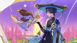 1boy absurdres anemo_symbol_(genshin_impact) arm_at_side armpit_crease belt black_belt black_bodysuit black_bow black_hair black_shorts blue_cape blue_hat blue_kimono blue_sleeves blunt_ends bodysuit book bow cape closed_mouth covered_collarbone dragon eyeliner eyeshadow feathers flower flower_in_mouth full_moon furisode genshin_impact gold hakama hakama_shorts hand_up hat highres hip_vent japanese_clothes jingasa juban kimono layered_sleeves looking_at_animal makeup male_focus mandarin_collar mini_durin_(genshin_impact) moon open_book open_clothes open_kimono pink_flower plant pleated_shorts pom_pom_(clothes) purple_eyes purple_sash purple_sky red_eyeliner red_eyeshadow rinzin_ninzin sash scaramouche_(genshin_impact) shooting_star short_sleeves shorts shoulder_peek sky small_dragon star_(sky) starry_sky tassel twitter_username vision_(genshin_impact) wanderer_(genshin_impact) white_kimono white_sleeves white_trim yellow_feathers