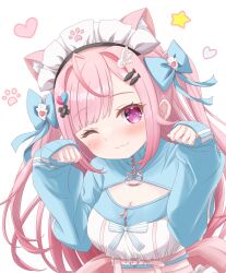1girl ;3 absurdres ahoge animal_ears animal_hands bandaid bandaid_hair_ornament belt blue_bow blue_dress blue_ribbon blush bow breasts cat_ears cat_girl choro_star cleavage cleavage_cutout closed_mouth clothing_cutout crossed_bandaids dress extra_ears fingernails fish_hair_ornament ghost_hair_ornament hair_bow hair_ornament hairclip heart heart_hair_ornament highres indie_virtual_youtuber jersey_maid large_breasts long_hair long_sleeves maid maid_headdress one_eye_closed paw_pose paw_print pink_belt pink_eyes pink_hair pink_nails ribbon sleeves_past_wrists smile solo star_(symbol) striped_ribbon two_side_up unconventional_maid virtual_youtuber white_background white_ribbon wing_hair_ornament yuuki_sakuna zipper