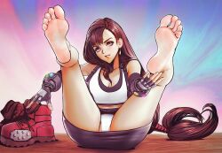 1girl barefoot black_hair blush boots feet feet_up final_fantasy final_fantasy_vii long_hair looking_at_viewer panties pantyshot parted_lips puffypinkpaws red_eyes shoes soles tifa_lockhart toes underwear unworn_boots unworn_shoes