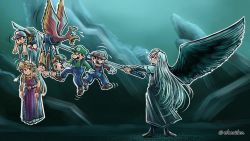 2girls 5boys backpack bag banjo-kazooie banjo_(banjo-kazooie) black_wings blonde_hair blouse blue_eyes blue_overalls facial_hair final_fantasy final_fantasy_vii green_shirt hat highres holding holding_sword holding_weapon kazooie_(banjo-kazooie) lifting_another&#039;s_clothes long_hair luigi mario mario_(series) masamune_(ff7) microsoft mother_(series) mother_2 multiple_boys multiple_girls mustache ness_(mother_2) nintendo overalls princess_zelda red_shirt sephiroth shirt silver_hair single_wing square_enix striped_clothes striped_shirt super_smash_bros. sweatdrop sword thaumana the_legend_of_zelda the_legend_of_zelda:_a_link_between_worlds very_long_hair weapon wings