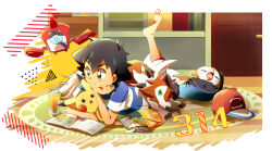 1boy absurdres ash_ketchum backpack bag barefoot baseball_cap black_hair blue_shirt book brown_eyes chips_(food) closed_eyes closed_mouth cup door drinking_straw facial_mark food gen_1_pokemon gen_4_pokemon gen_7_pokemon green_eyes hat hatsu8282 highres indoors leg_up looking_down looking_up lycanroc lycanroc_(dusk) lying male_focus meltan mythical_pokemon nintendo open_mouth pikachu pokemon pokemon_(anime) pokemon_sm_(anime) rotom rotom_dex rowlet shirt shorts sleeping smile two-tone_shirt white_shirt
