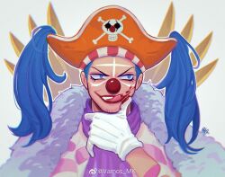 1boy blood blue_eyes blue_hair blurry buggy_the_clown clown_nose depth_of_field disembodied_hand eyelashes facepaint gloves hat licking licking_blood licking_finger male_focus one_piece orange_hat signature solo sparse_stubble twintails vamos_mk white_background white_gloves