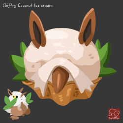 arrow_(symbol) artist_logo artist_name bowl character-themed_food character_name food food_focus food_name gen_3_pokemon grey_background highres ice_cream logo nintendo no_humans pokemon pokemon_(creature) shiftry simple_background yuki00yo