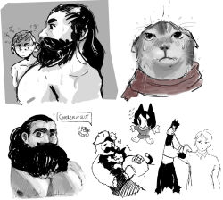 1girl 2boys affectionate animalization bara beard chilchuck_tims collage commentary cover_them_up_slut_(meme) cropped_torso deformed dungeon_meshi dwarf ears_down english_commentary facial_hair fake_horns from_side girl_staring_at_guy&#039;s_chest_(meme) greyscale hairymoths helmet highres horned_helmet horns hug izutsumi large_pectorals long_beard looking_at_another looking_at_pectorals male_focus mature_male meme monochrome multiple_boys muscle_envy muscular muscular_male mustache pectorals senshi_(dungeon_meshi) thick_mustache unfinished very_long_beard yaoi