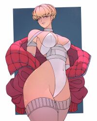 1girl bare_shoulders blonde_hair blue_background border breasts breasts_apart clothes_pull collar commentary covered_navel cowboy_shot earrings elliemaplefox eyelashes groin highleg highleg_leotard highres jacket jacket_pull jewelry large_breasts leotard looking_at_viewer original parted_lips purple_eyes red_jacket short_hair solo standing strapless strapless_leotard stud_earrings symbol-only_commentary thick_thighs thighhighs thighs white_border white_collar white_leotard white_thighhighs
