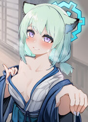 1girl absurdres animal_ear_fluff animal_ears blue_archive blush breasts collarbone commentary_request green_hair grey_nails halo hands_up heavy_breathing highres japanese_clothes kimono long_sleeves looking_at_viewer medium_breasts nail_polish obi off_shoulder purple_eyes sash shi_(kamokamo910) shigure_(blue_archive) shigure_(hot_spring)_(blue_archive) smile solo white_kimono wide_sleeves