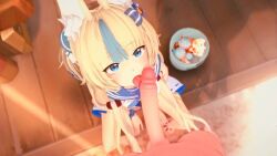 1boy 1girl 3d animated bad_tag blonde_hair blue_eyes blush clothed_female_nude_male fellatio from_above hetero indie_virtual_youtuber indoors licking loli long_hair looking_at_viewer multicolored_hair nude oral penis pov sailor_collar sameko_saba sitting solo_focus tagme tongue tongue_out twintails uncensored video wataamage wooden_floor