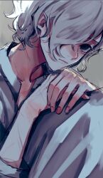 Rule 34 | 1boy, bags under eyes, black eyes, dungeon meshi, elf, grey background, grey hair, hair over one eye, looking at viewer, male focus, mithrun, multiple scars, notched ear, pointy ears, r06ku, scar, shirt, short hair, simple background, solo, upper body, wavy hair