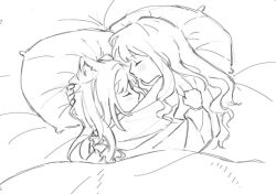 Rule 34 | 2girls, animal ears, bang dream!, bang dream! it&#039;s mygo!!!!!, blush, cat ears, commentary, cuddling, from above, kemonomimi mode, long hair, long sleeves, multiple girls, nhymoo, on bed, pajamas, pillow, shirt, sleeping, symbol-only commentary, togawa sakiko, under covers, wakaba mutsumi, yuri